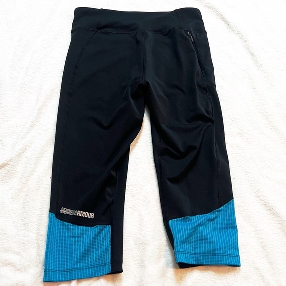 Under Armour Capri Leggings Heat Gear Black Blue Small Pull On Athletic Stretchy - Picture 3 of 8